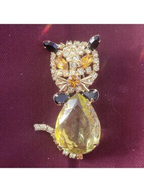 Vintage Alice Caviness Cat Brooch Pin Lemon Glass Yellow Black Rhinestones